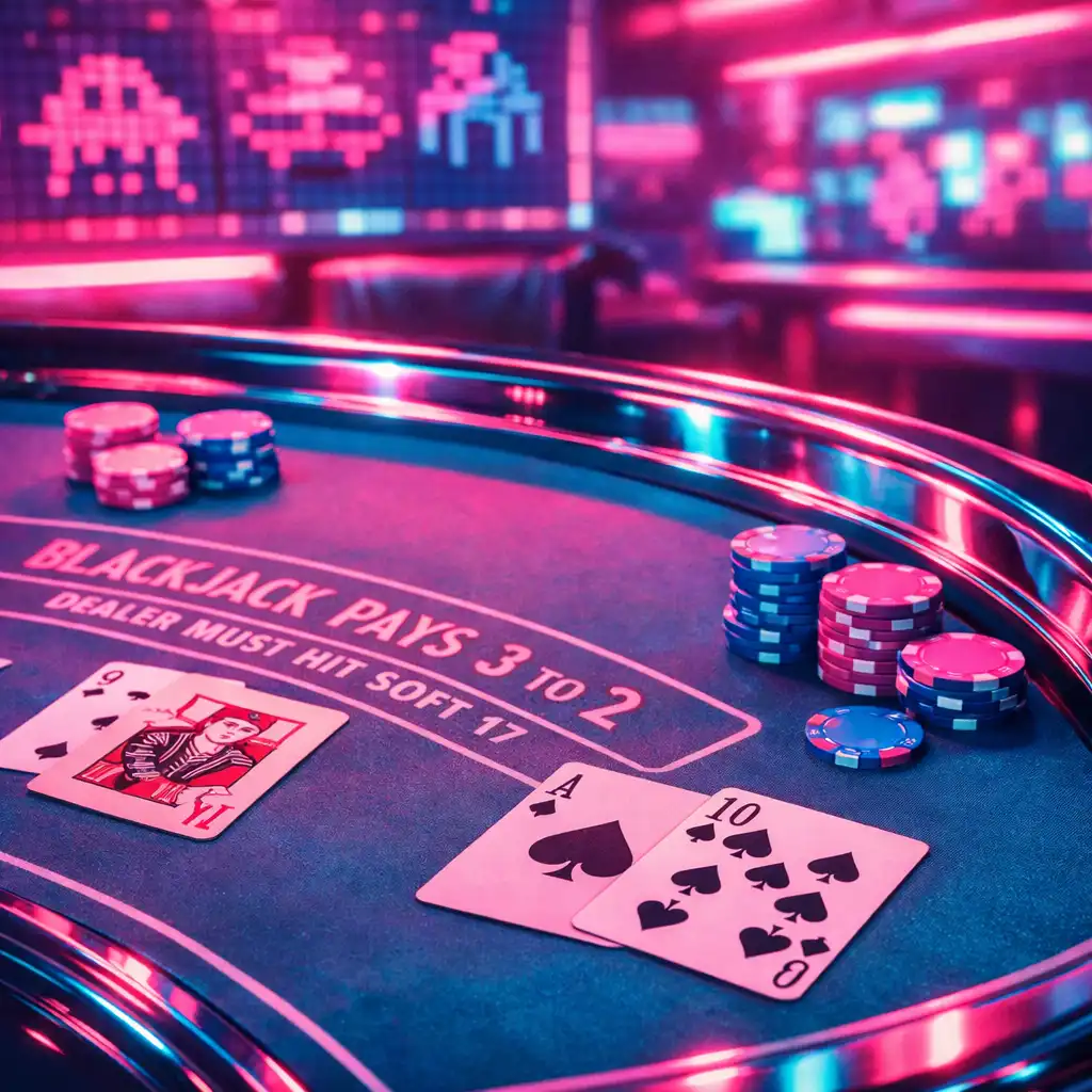 Detal strefy blackjacka z kartami, żetonami i neonowym oświetleniem