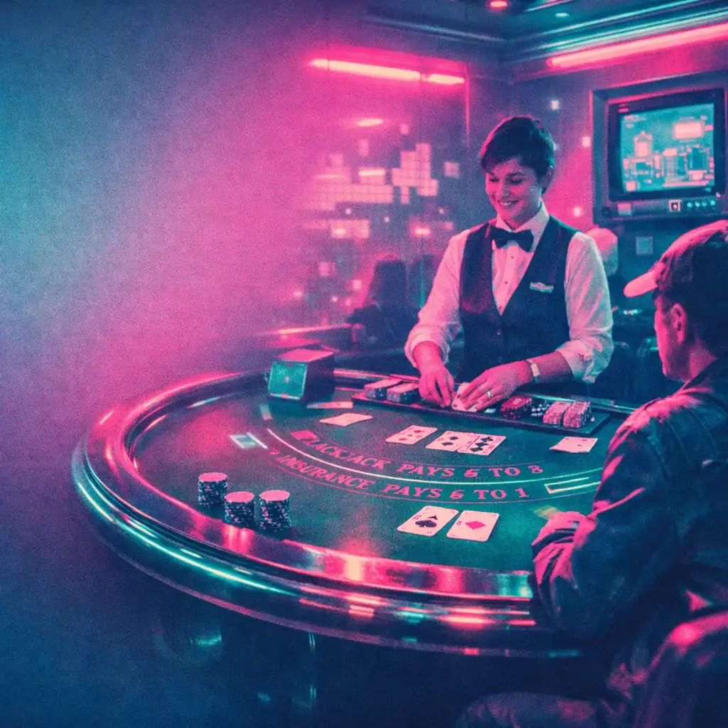 Stół do blackjacka w neonowej atmosferze Stolqavira z krupierem i graczami