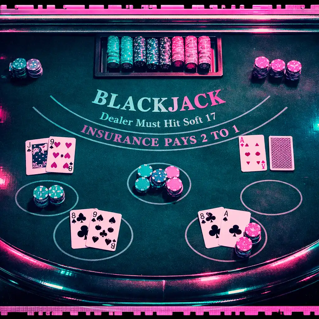Widok z góry na blat stołu do blackjacka z kartami i żetonami