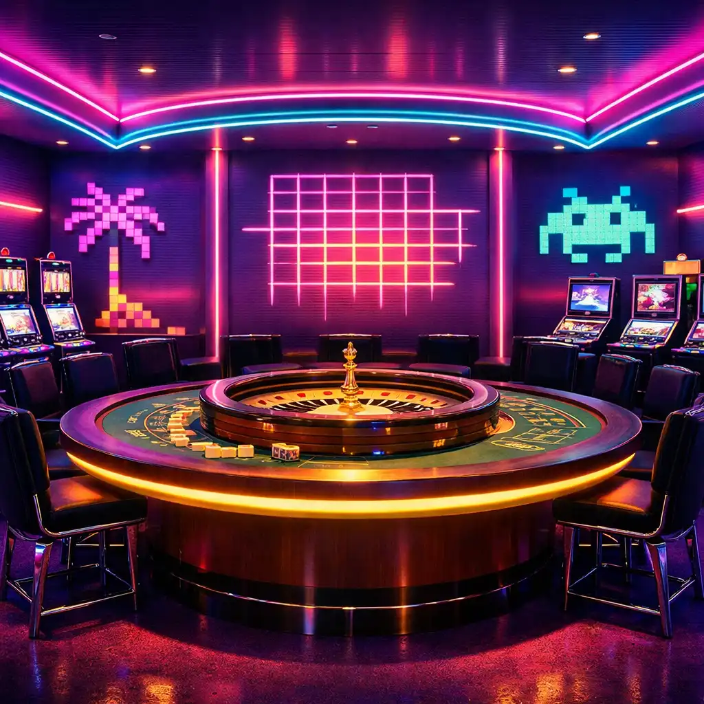 Wnętrze przestrzeni gier w stylu retro-futurystycznym z neonowym oświetleniem, chromowanymi detalami i centralnym stołem do ruletki