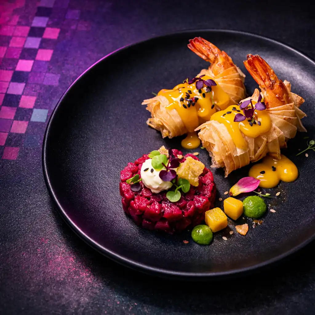 Kolorowe przystawki fusion na ciemnym talerzu w restauracji Stolqavira