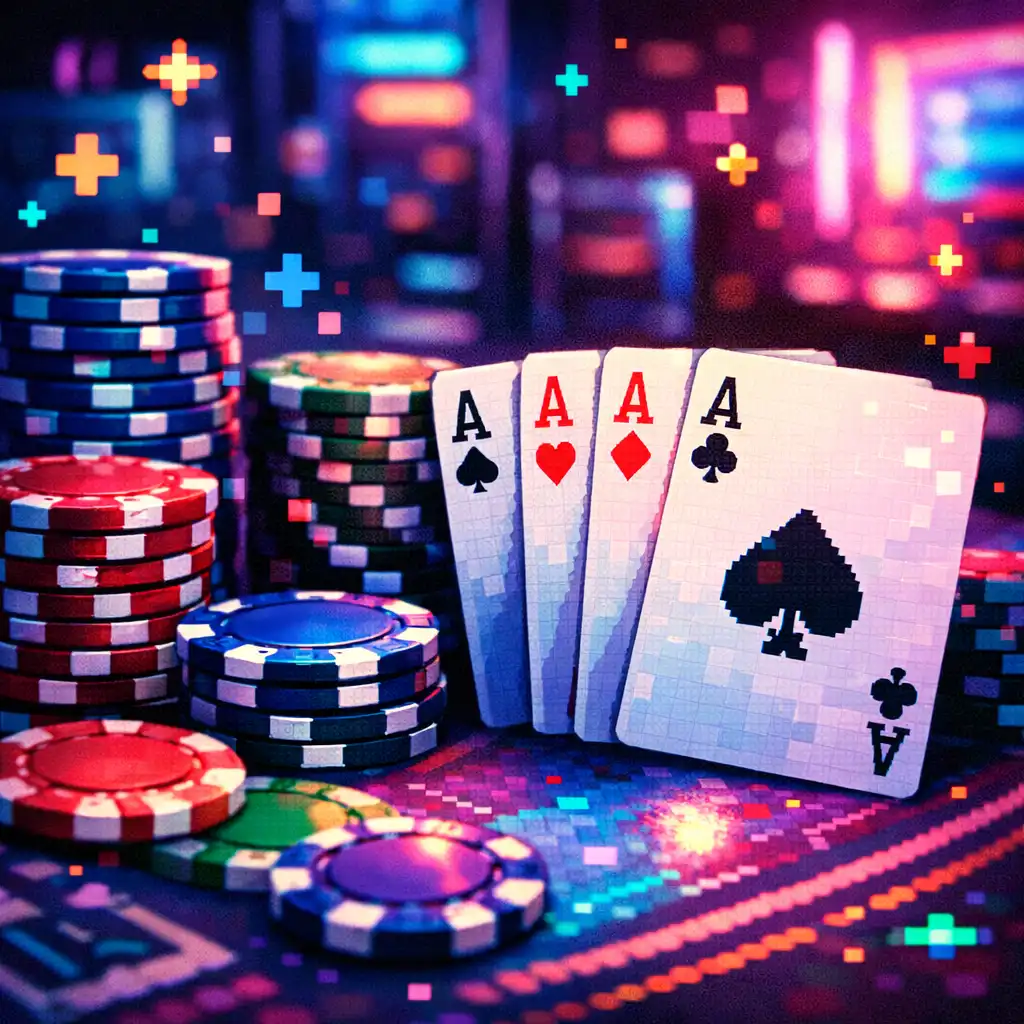 Zbliżenie na karty pokerowe i żetony na stole z neonowym oświetleniem