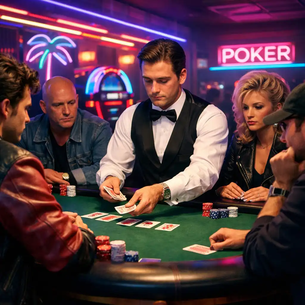 Gracze przy stole pokerowym, krupier rozdaje karty w klimacie retro