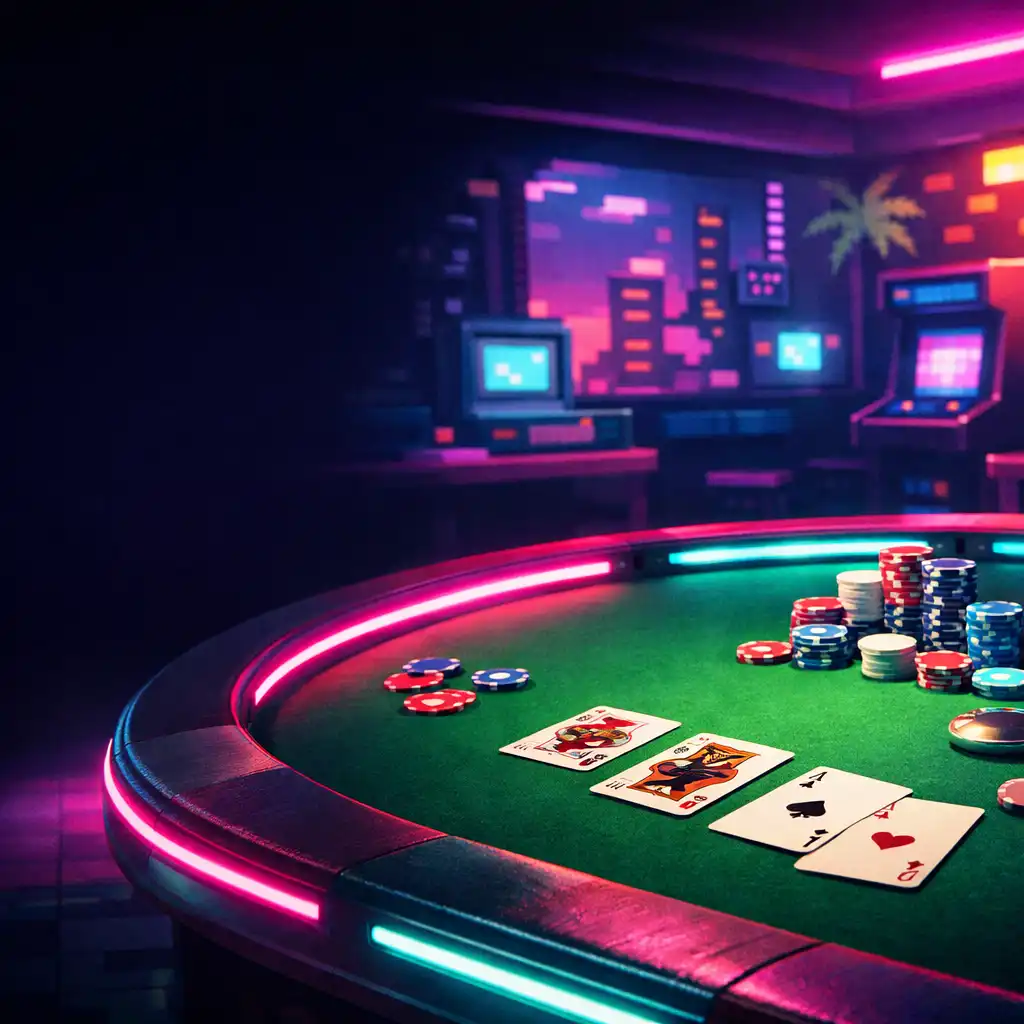 Stół pokerowy w stylu retro-futurystycznym z neonowym oświetleniem, kartami i żetonami