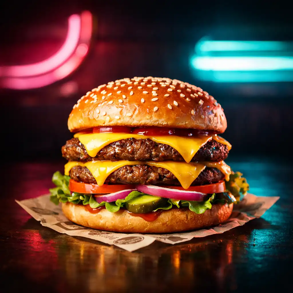 Retro burger z podwójnym serem i świeżymi warzywami na tle neonów