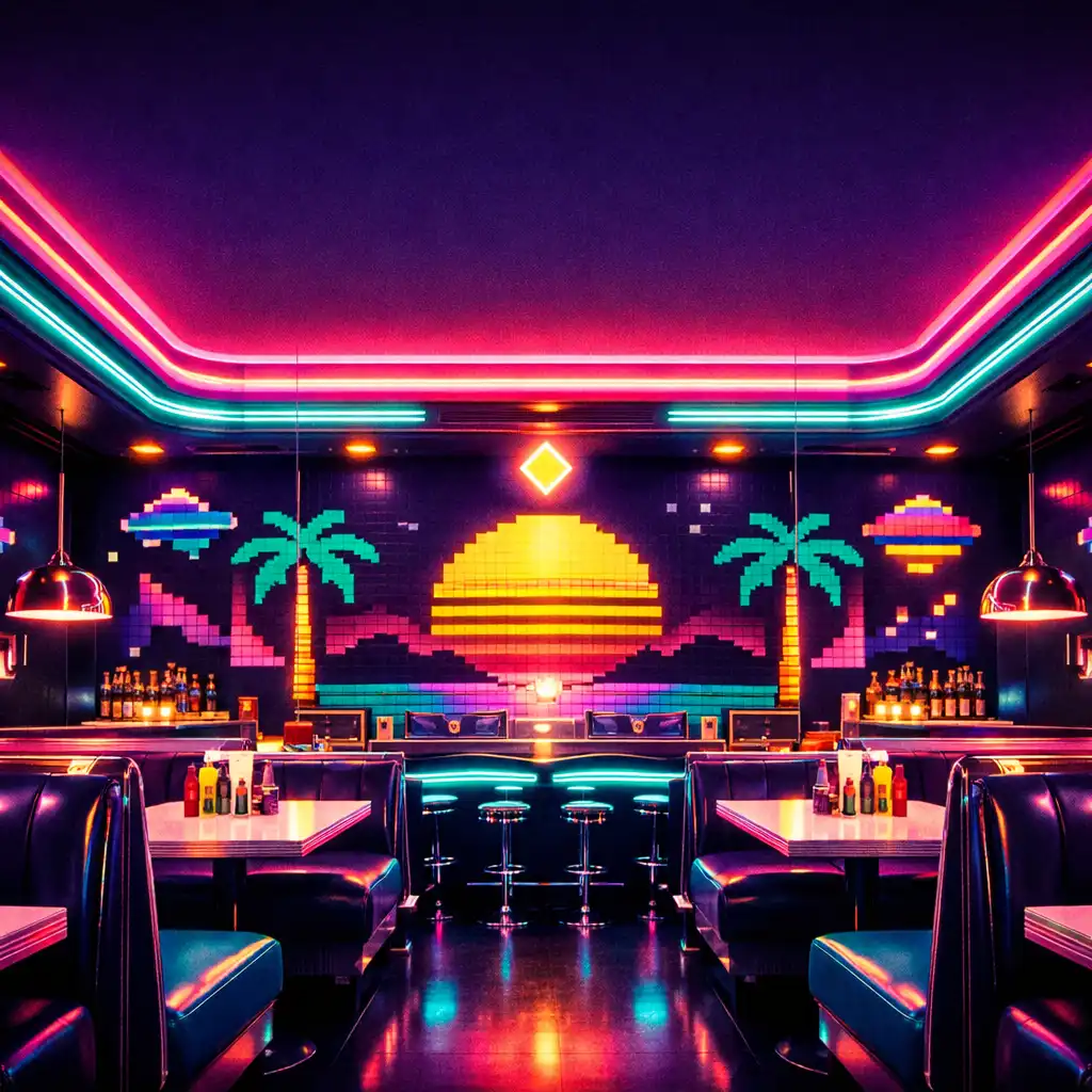 Wnętrze restauracji Stolqavira w stylu retro-futurystycznym z neonowym oświetleniem w kolorze różowym i turkusowym