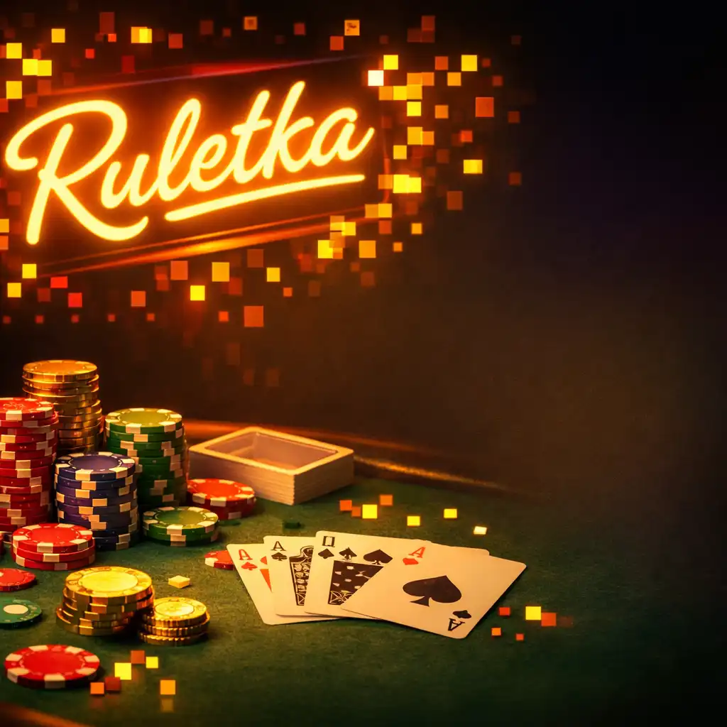 Detale stołu do ruletki: żetony, karty i neonowy napis Ruletka w tle