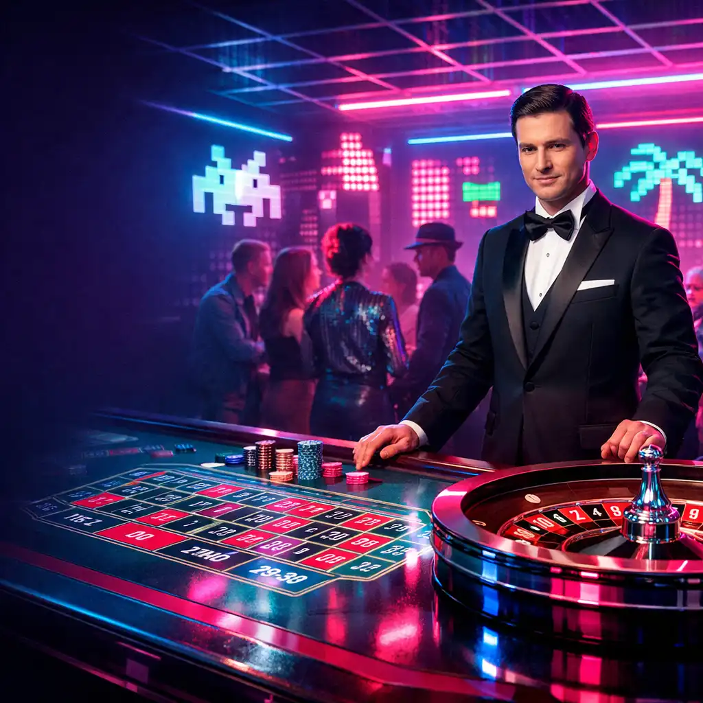 Szerokie ujęcie stołu do ruletki w stylu retro-futurystycznym z neonowymi różowymi i turkusowymi światłami oraz krupierem przy stole
