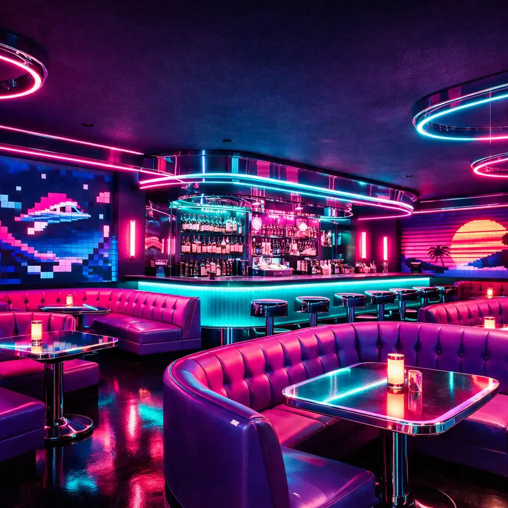 Sala główna restauracji z neonowym barem i lożami w stylu retro-futurystycznym